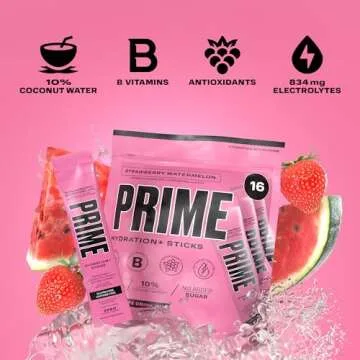 PRIME HYDRATION+ Sticks Strawberry Watermelon | Hydration Powder Single Serve Sticks | Electrolyte Powder On The Go | Low Sugar | Caffeine-Free | Vegan | 48 Sticks