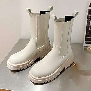 Caradise Womens Chunky Mid Heel Mid Calf Chelsea Boots Slip On Round Toe Platform Ankle Booties Size...