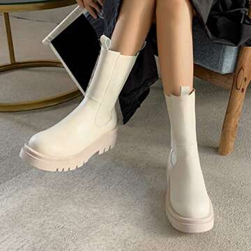 Caradise Womens Chunky Mid Heel Mid Calf Chelsea Boots Slip On Round Toe Platform Ankle Booties Size 7 B(M) US,Mid Claf White
