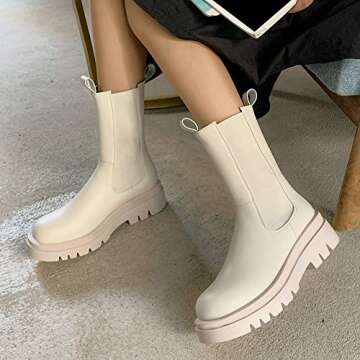 Caradise Womens Chunky Mid Heel Mid Calf Chelsea Boots Slip On Round Toe Platform Ankle Booties Size 7 B(M) US,Mid Claf White
