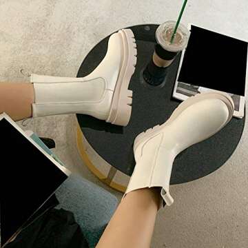 Caradise Womens Chunky Mid Heel Mid Calf Chelsea Boots Slip On Round Toe Platform Ankle Booties Size 7 B(M) US,Mid Claf White