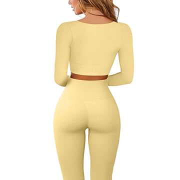 QINSEN Seamless Workout Set Long Sleeve Crop Tops for Women 2 Piece High Waisted Ruched Back Yoga Outfits Active Leggings Yellow S