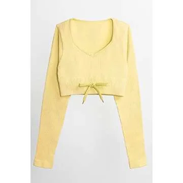 QINSEN Seamless Workout Set Long Sleeve Crop Tops for Women 2 Piece High Waisted Ruched Back Yoga Outfits Active Leggings Yellow S