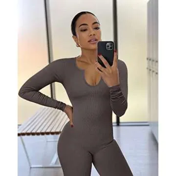 OQQ Women's Yoga Workout Ribbed One Piece Long Sleeve Exercise Sport JumpSuit, Tea Leaf, Medium