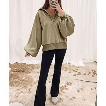 Trendy Queen Womens Fall Fashion Sweatshirts Cropped Sweater Hoodies Oversized Jacket Clothes 2023 Lantern Sleeve Drop Shoulder Pullover Button Fashion Y2K Outfits Coffee