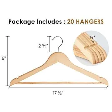StorageWorks Wooden Coat Hanger, Wood Clothes Hangers 20 Pack, Natural Wood Color, Natural Wood Hangers for Coats, Shirts, Jackets, Pants, Suits