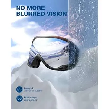 ZIONOR Lagopus Ski Snowboard Goggles UV Protection Anti fog Snow Goggles for Men Women Adult Youth VLT 8.6% Black Frame Silver Lens