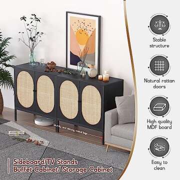 XIAO WEI Sideboard Cabinet with Handmade Natural Rattan Woven Doors, Rattan Cabinet, Console Table with Storage, Accent Buffet Cabinet Table Credenza, for Living Room Dining Room Entryway-2 Pieces