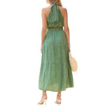 PRETTYGARDEN Women’s Casual Halter Neck Sleeveless Floral Long Maxi Dress Backless Loose Ruffle Sundress with Belt (Green,Medium)