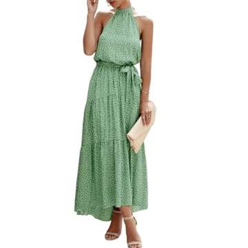 PRETTYGARDEN Women’s Casual Halter Neck Sleeveless Floral Long Maxi Dress Backless Loose Ruffle Sundress with Belt (Green,Medium)