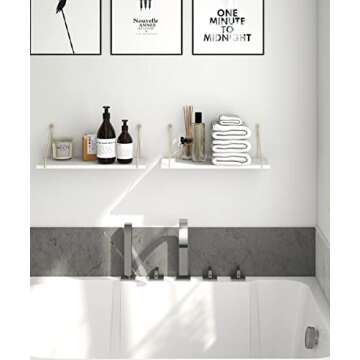 Afuly Floating Shelves for Wall, Metallic Gold White Wall Mounted Shelves, Wall Shelves for Bathroom Kitchen Bedroom Solid Wood Metal Chic Wall Bookshelf, Set of 2