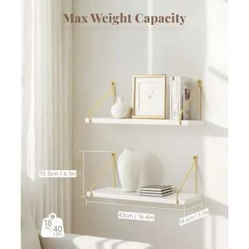 Afuly Floating Shelves for Wall, Metallic Gold White Wall Mounted Shelves, Wall Shelves for Bathroom Kitchen Bedroom Solid Wood Metal Chic Wall Bookshelf, Set of 2