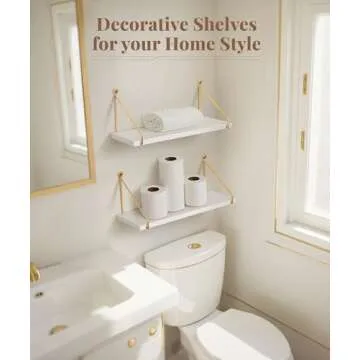 Afuly Floating Shelves for Wall, Metallic Gold White Wall Mounted Shelves, Wall Shelves for Bathroom Kitchen Bedroom Solid Wood Metal Chic Wall Bookshelf, Set of 2