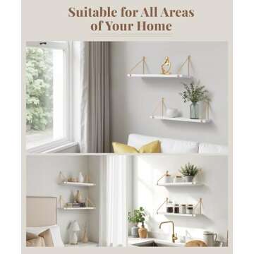 Afuly Floating Shelves for Wall, Metallic Gold White Wall Mounted Shelves, Wall Shelves for Bathroom Kitchen Bedroom Solid Wood Metal Chic Wall Bookshelf, Set of 2