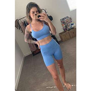 OQQ Yoga Outfit for Women Seamless 2 Piece Workout Gym High Waist Leggings with Sport Bra Set Blue