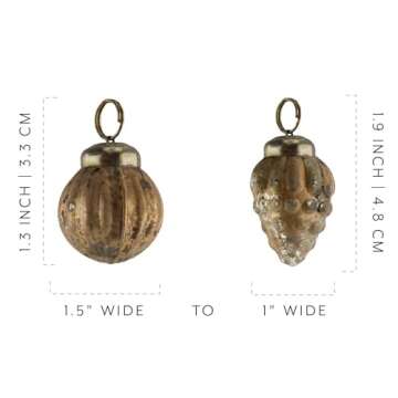 AuldHome Mercury Glass Finial Ornaments (Set of 12, Gold, Small); Distressed Metal Antique Style Christmas Tree Decorations; 1.3 to 2-Inch Size