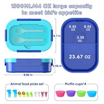 TIME4DEALS Kids Bento Lunch Box Leakproof Lunch Box with 4 Compartments Lunch Containers with Tableware Kids Bento School Lunch Boxes with Container 44oz, Microwave Dishwasher Freezer Safe (Blue)