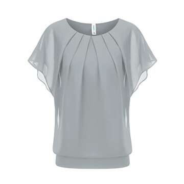 WANGZHI Women's Loose Casual Short Sleeve Front Pleated Chiffon Top T-Shirt Blouse (Grey,X-Large)
