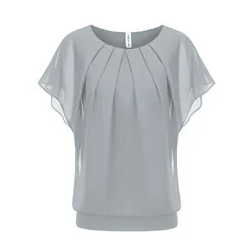 WANGZHI Women's Loose Casual Short Sleeve Front Pleated Chiffon Top T-Shirt Blouse (Grey,X-Large)