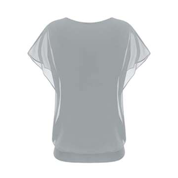 WANGZHI Women's Loose Casual Short Sleeve Front Pleated Chiffon Top T-Shirt Blouse (Grey,X-Large)