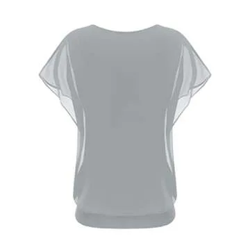 WANGZHI Women's Loose Casual Short Sleeve Front Pleated Chiffon Top T-Shirt Blouse (Grey,X-Large)