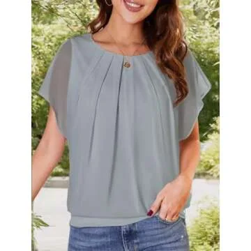 WANGZHI Women's Loose Casual Short Sleeve Front Pleated Chiffon Top T-Shirt Blouse (Grey,X-Large)