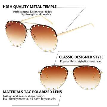 BVAGSS Women Rimless Oversized Studded Sunglasses Gradient Color Lens Rivet Fashion Lightweight Design WS027 (Gold Frame, Gradient Brown)