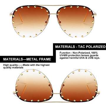 BVAGSS Women Rimless Oversized Studded Sunglasses Gradient Color Lens Rivet Fashion Lightweight Design WS027 (Gold Frame, Gradient Brown)