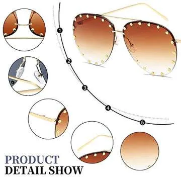 BVAGSS Women Rimless Oversized Studded Sunglasses Gradient Color Lens Rivet Fashion Lightweight Design WS027 (Gold Frame, Gradient Brown)