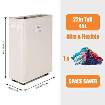 Caroeas Laundry Basket on Wheels, Slim Laundry Hamper Collapsible with Note Cards Waterproof Corner Hamper with Lid Breathable Mesh Cover (Slim 22 inch,Beige)
