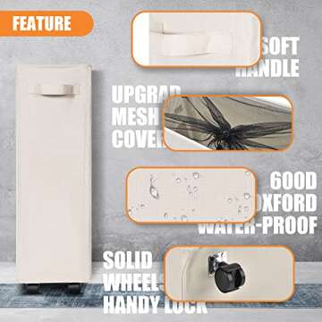 Caroeas Laundry Basket on Wheels, Slim Laundry Hamper Collapsible with Note Cards Waterproof Corner Hamper with Lid Breathable Mesh Cover (Slim 22 inch,Beige)