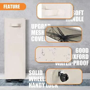 Caroeas Laundry Basket on Wheels, Slim Laundry Hamper Collapsible with Note Cards Waterproof Corner Hamper with Lid Breathable Mesh Cover (Slim 22 inch,Beige)