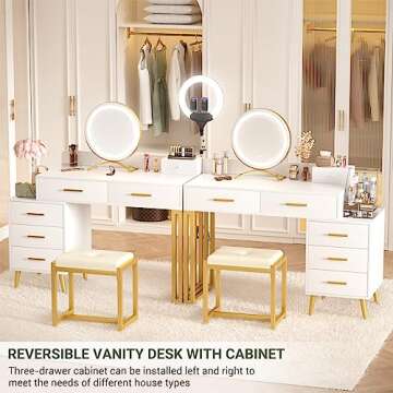 White Vanity Desk with Mirror and Lights, Modern Makeup Vanity Table Set with 6 Storage Drawers and Cushioned Stool for Bedroom, Dressing Table with Divided Organizers for Women Girls, White