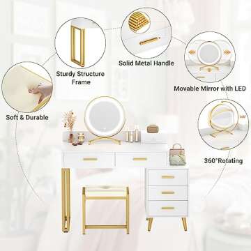 White Vanity Desk with Mirror and Lights, Modern Makeup Vanity Table Set with 6 Storage Drawers and Cushioned Stool for Bedroom, Dressing Table with Divided Organizers for Women Girls, White