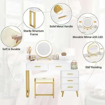 White Vanity Desk with Mirror and Lights, Modern Makeup Vanity Table Set with 6 Storage Drawers and Cushioned Stool for Bedroom, Dressing Table with Divided Organizers for Women Girls, White