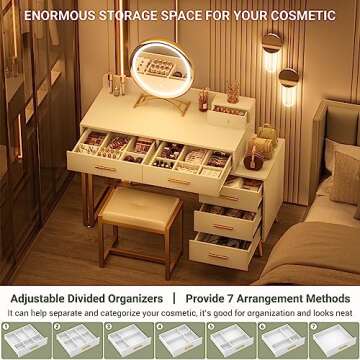 White Vanity Desk with Mirror and Lights, Modern Makeup Vanity Table Set with 6 Storage Drawers and Cushioned Stool for Bedroom, Dressing Table with Divided Organizers for Women Girls, White