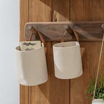 LA JOLIE MUSE Wall Hanging Storage Baskets Set of 2 - Small Cotton Rope Handle Nursery Hanging Storage Organizer, Hanging Rope Basket with Planters