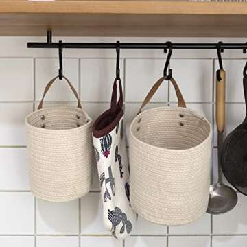 LA JOLIE MUSE Wall Hanging Storage Baskets Set of 2 - Small Cotton Rope Handle Nursery Hanging Storage Organizer, Hanging Rope Basket with Planters