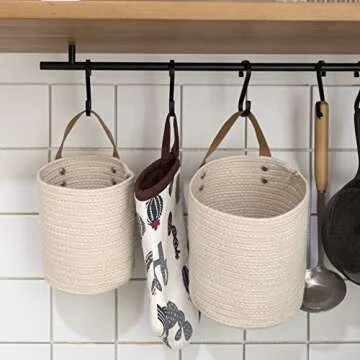 LA JOLIE MUSE Wall Hanging Storage Baskets Set of 2 - Small Cotton Rope Handle Nursery Hanging Storage Organizer, Hanging Rope Basket with Planters