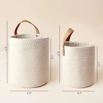 LA JOLIE MUSE Wall Hanging Storage Baskets Set of 2 - Small Cotton Rope Handle Nursery Hanging Storage Organizer, Hanging Rope Basket with Planters