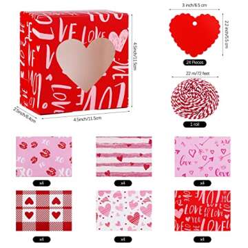 Fovths 24 Pack Valentines Day Bakery Cookie Boxes 4.5 x 4.5 x 2.5 Inch Cupcake Treat Boxes with Window Hearts Goody Candy Box with Tags and Rope for Valentines Party Favors
