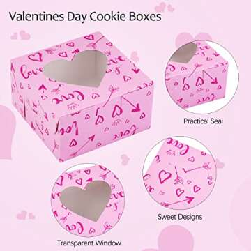 Fovths 24 Pack Valentines Day Bakery Cookie Boxes 4.5 x 4.5 x 2.5 Inch Cupcake Treat Boxes with Window Hearts Goody Candy Box with Tags and Rope for Valentines Party Favors