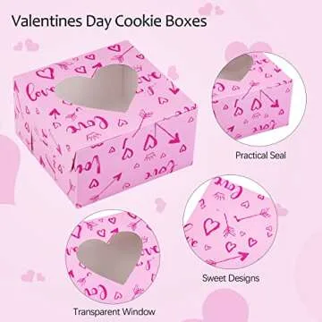 Fovths 24 Pack Valentines Day Bakery Cookie Boxes 4.5 x 4.5 x 2.5 Inch Cupcake Treat Boxes with Window Hearts Goody Candy Box with Tags and Rope for Valentines Party Favors