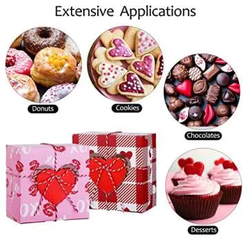 Fovths 24 Pack Valentines Day Bakery Cookie Boxes 4.5 x 4.5 x 2.5 Inch Cupcake Treat Boxes with Window Hearts Goody Candy Box with Tags and Rope for Valentines Party Favors