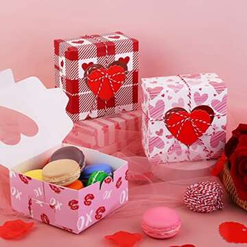 Fovths 24 Pack Valentines Day Bakery Cookie Boxes 4.5 x 4.5 x 2.5 Inch Cupcake Treat Boxes with Window Hearts Goody Candy Box with Tags and Rope for Valentines Party Favors