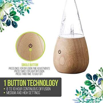 Simply Diffusers EDEN Nebulizing Pure Essential Oil Diffuser with LED Mood Lighting and Hand Blown Glass Reservoir on a Solid Wood Base. Touch Button Technology and Healthy Aromatherapy Air Purifying