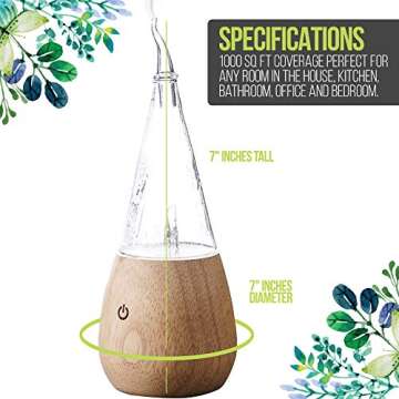 Simply Diffusers EDEN Nebulizing Pure Essential Oil Diffuser with LED Mood Lighting and Hand Blown Glass Reservoir on a Solid Wood Base. Touch Button Technology and Healthy Aromatherapy Air Purifying