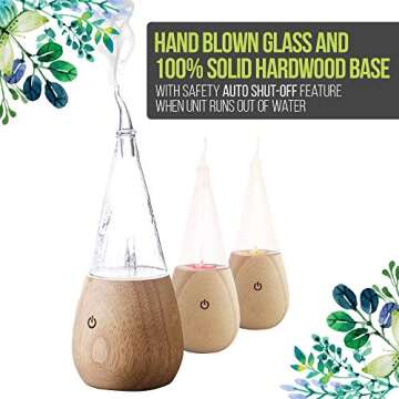 Simply Diffusers EDEN Nebulizing Pure Essential Oil Diffuser with LED Mood Lighting and Hand Blown Glass Reservoir on a Solid Wood Base. Touch Button Technology and Healthy Aromatherapy Air Purifying