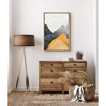SIGNFORD Framed Canvas Print Wall Art Birds Over Black & Gold Mountains Geometric Shapes Illustrations Modern Art Contemporary Expressive Ultra for Living Room, Bedroom, Office - 16"x24" Natural