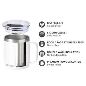 SUNWILL Insulated Coffee Mug with Lid, Travel Tumbler with Handle, 14 oz Stainless Steel Cup for Cam...